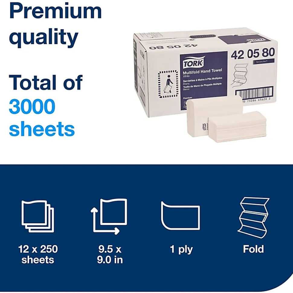 TORK Premium Multifold Hand Towel - 1 Ply - Multifold - 9" x 9.50" - White - Paper - Absorbent, Quick Drying - For Hand, Washroom - 250 / Sleeve