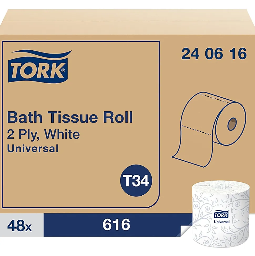 Tork Universal Bath Tissue Roll - 2 Ply - 3.75"x205.33 ft - 616 Sheets/Roll - 5" Roll Diameter - White - Fiber - Embossed, Soft, Absorbent - - 0