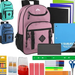 Trailmaker Double Buckle Backpacks With 30-Piece School Supply Kits, Blue/Green/Purple, Total Qty 12