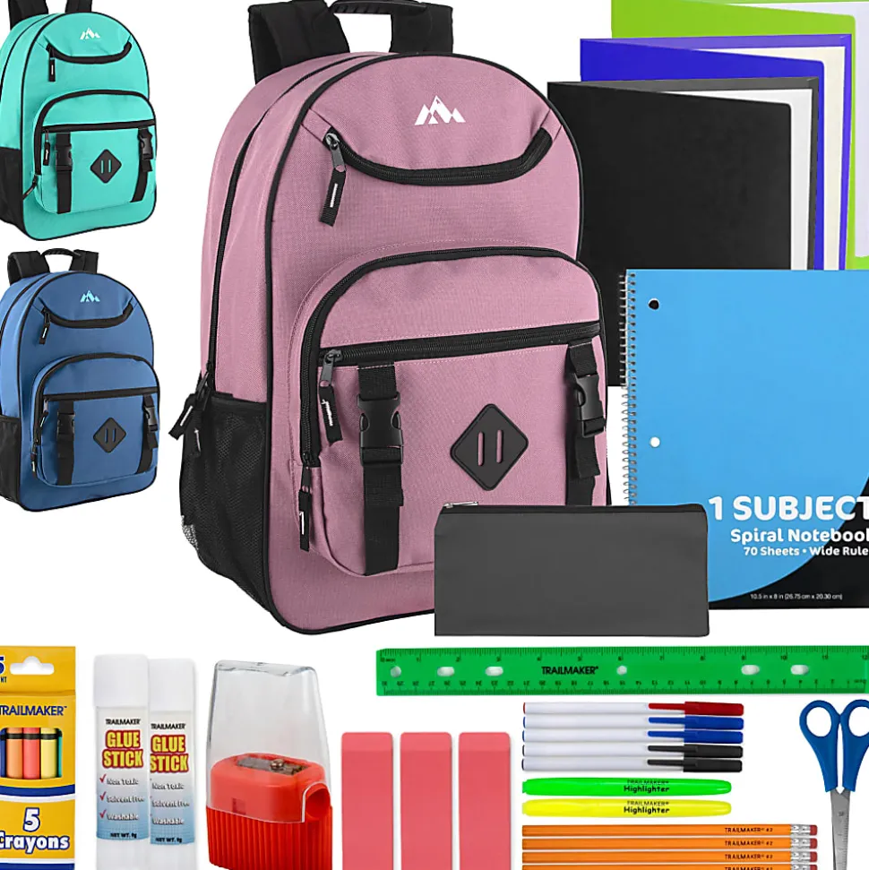 Trailmaker Double Buckle Backpacks With 30-Piece School Supply Kits, Blue/Green/Purple, Total Qty 12