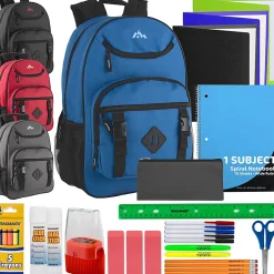 Trailmaker Double Buckle Backpacks With 30-Piece School Supply Kits, Black/Blue/Gray/Red, Total Qty 12