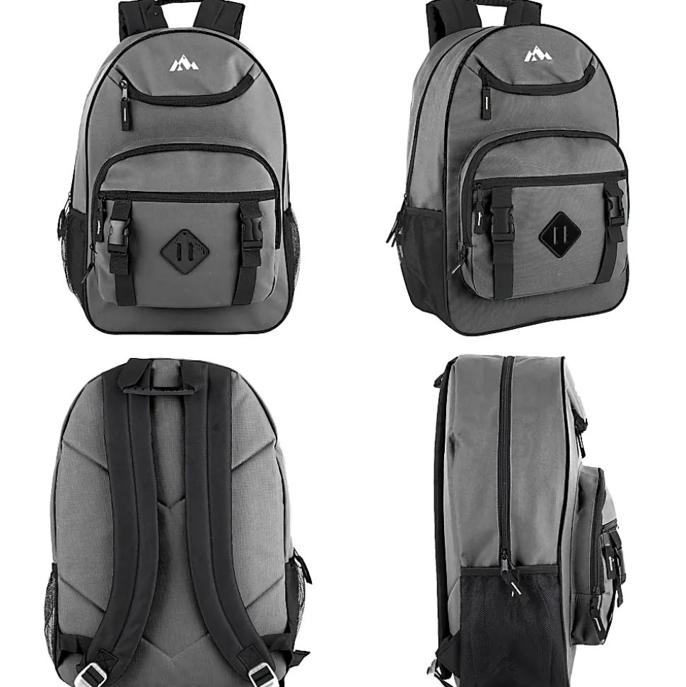 Trailmaker Double Buckle Backpacks With 30-Piece School Supply Kits, Black/Blue/Gray/Red, Total Qty 12