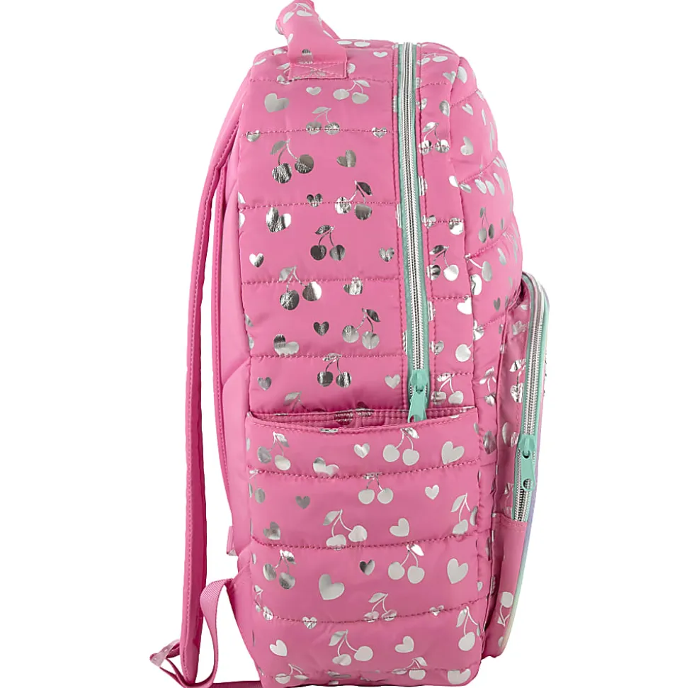 Trailmaker Holographic Quilted Cherry Printed Backpack With Insulated Lunch Bag, Pink