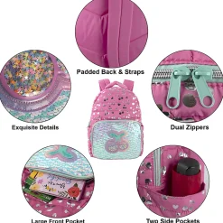 Trailmaker Holographic Quilted Cherry Printed Backpack With Insulated Lunch Bag, Pink