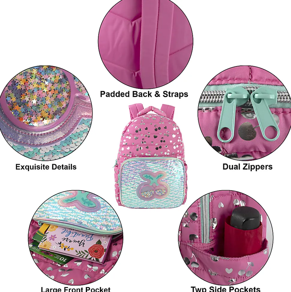 Trailmaker Holographic Quilted Cherry Printed Backpack With Insulated Lunch Bag, Pink