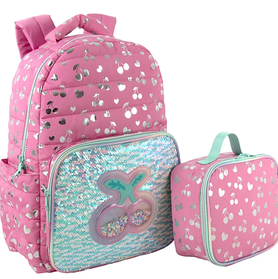 Trailmaker Holographic Quilted Cherry Printed Backpack With Insulated Lunch Bag, Pink