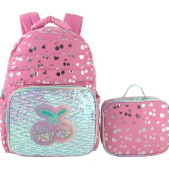 Trailmaker Holographic Quilted Cherry Printed Backpack With Insulated Lunch Bag, Pink