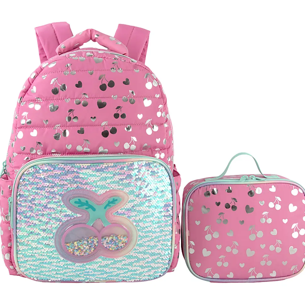 Trailmaker Holographic Quilted Cherry Printed Backpack With Insulated Lunch Bag, Pink