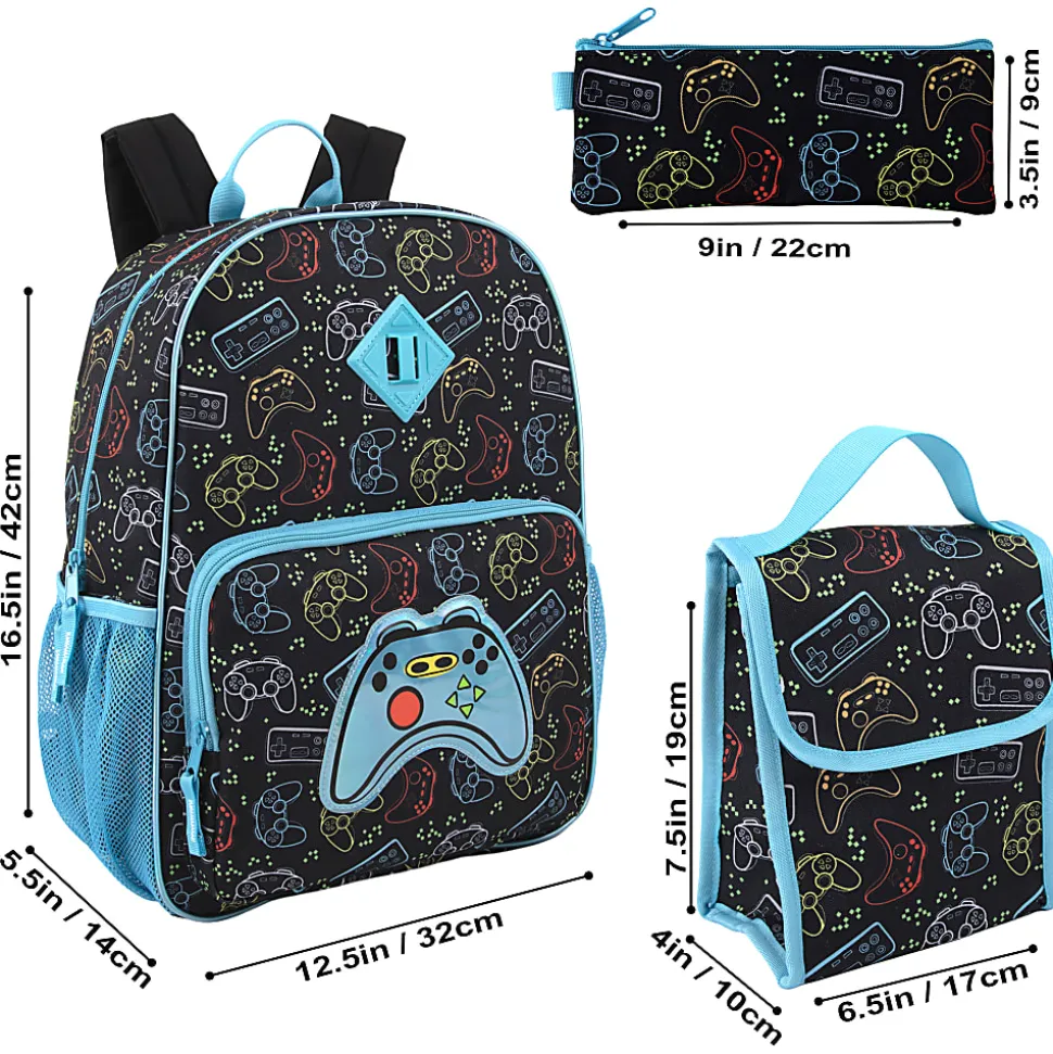 Trailmaker 6-in-1 Gamer’s Print Backpack With Matching Lunch Bag, Pencil Case, Tech Pouch, Keychain & Carabiner Clip, Black/Blue