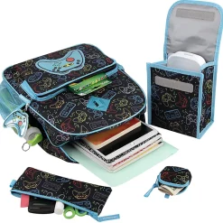 Trailmaker 6-in-1 Gamer’s Print Backpack With Matching Lunch Bag, Pencil Case, Tech Pouch, Keychain & Carabiner Clip, Black/Blue