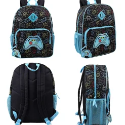 Trailmaker 6-in-1 Gamer’s Print Backpack With Matching Lunch Bag, Pencil Case, Tech Pouch, Keychain & Carabiner Clip, Black/Blue