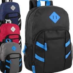 Trailmaker Mesh Side Pocket Backpacks, Black/Blue/Gray/Red, Total Qty 24