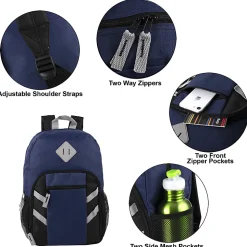 Trailmaker Mesh Side Pocket Backpacks, Black/Blue/Gray/Red, Total Qty 24