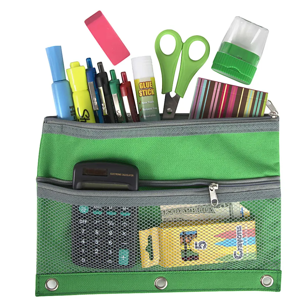 Trailmaker 3-Ring Binder Pencil Cases With Mesh Pockets, 7" x 9-13/16", Assorted Colors, Pack Of 100 Cases