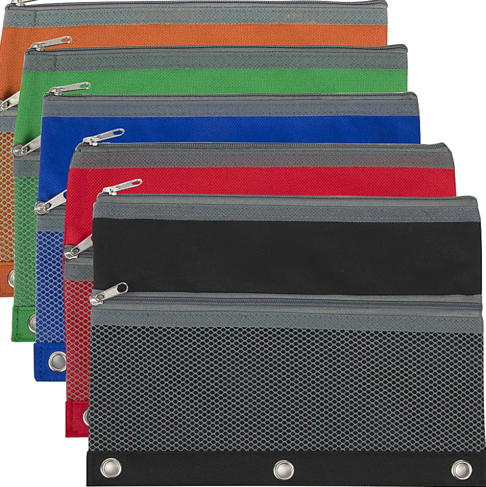 Trailmaker 3-Ring Binder Pencil Cases With Mesh Pockets, 7" x 9-13/16", Assorted Colors, Pack Of 100 Cases
