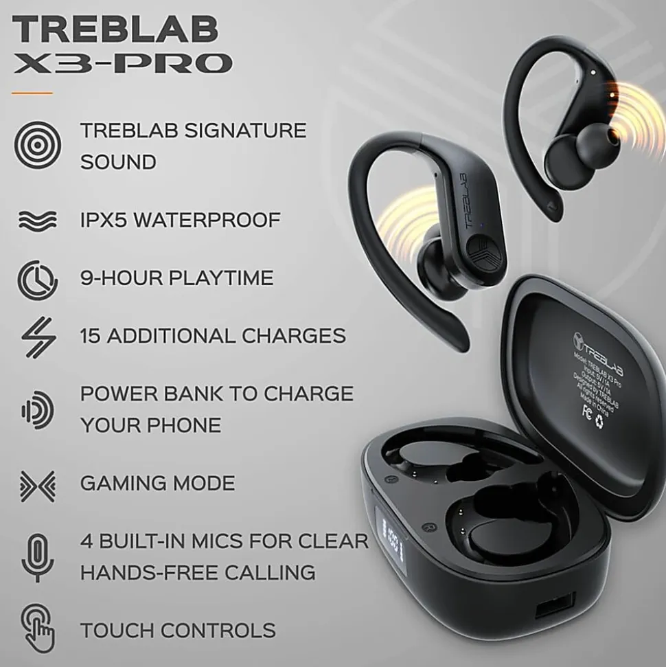 TREBLAB X3 Pro - True Wireless Earbuds with Earhooks - 145H Battery Life, Bluetooth 5.0, IPX5 Waterproof Earbuds - X3PROB