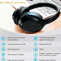 Treblab Z7 PRO, Hybrid Active Noise Canceling Headphones with Mic, 45H Playtime, Z7PRO