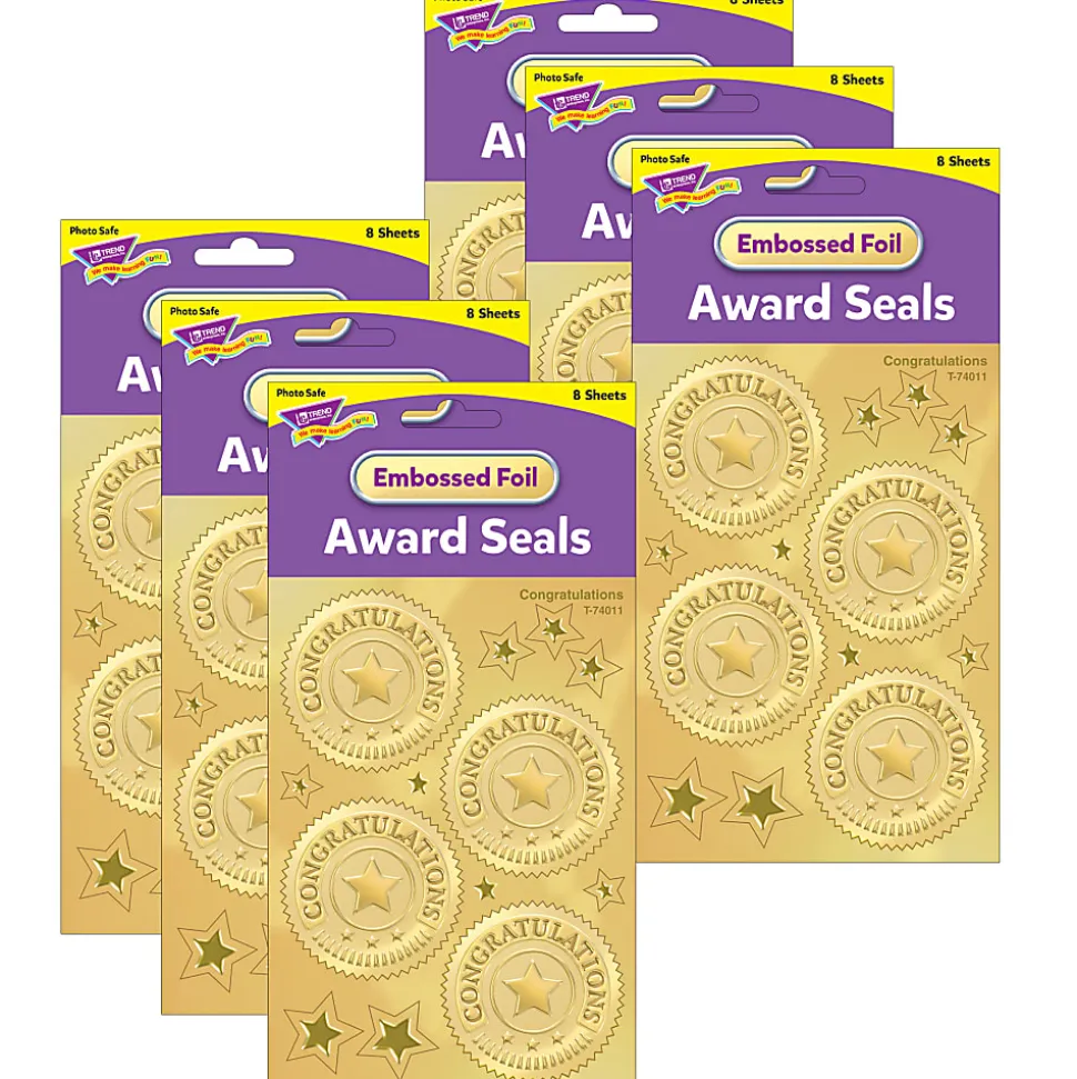 Trend Award Seal Stickers, Congratulations Gold, 32 Stickers Per Pack, Set Of 6 Packs