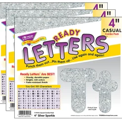 Trend Casual Combo Ready Letters, 4", Silver Sparkle, 182 Letters Per Pack, Set Of 3 Packs