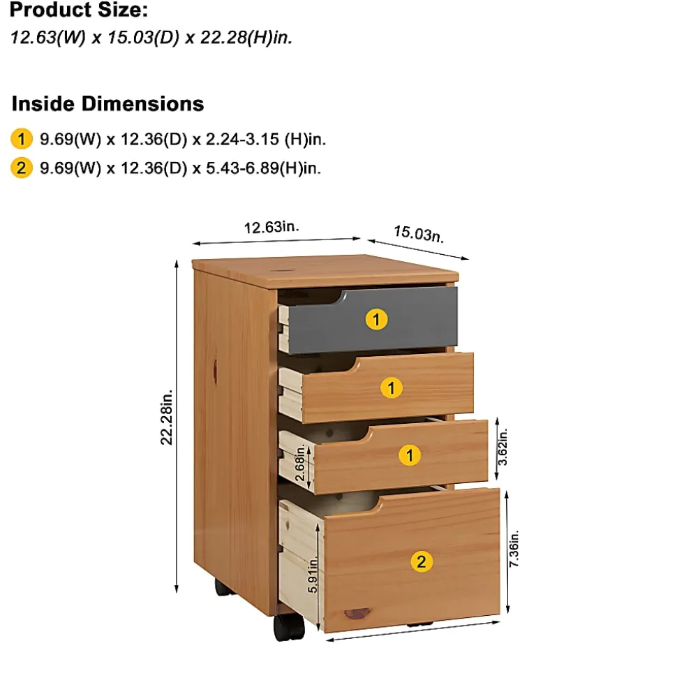 Trendfurn Mestre Roll Cart, 4 Drawers, 22” x 12-3/5”, Honey/Gray