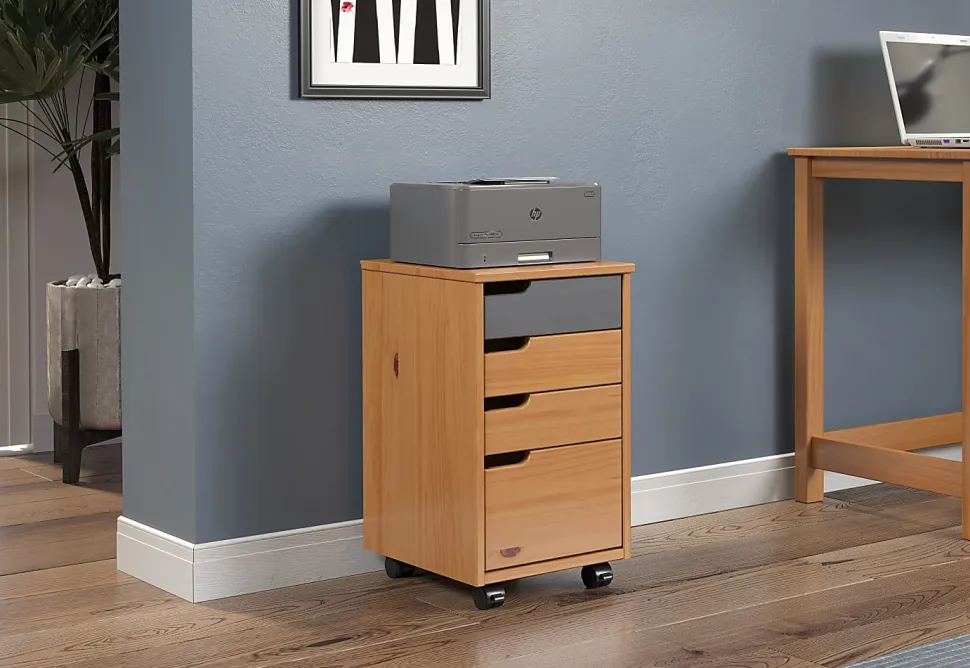 Trendfurn Mestre Roll Cart, 4 Drawers, 22” x 12-3/5”, Honey/Gray