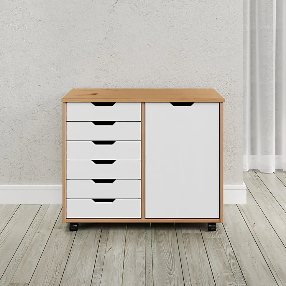 Trendfurn Omnia 1-Door Roll Cart, 6 Drawers, 25-3/4” x 31-1/3”, Honey/White
