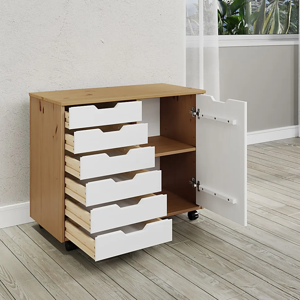 Trendfurn Omnia 1-Door Roll Cart, 6 Drawers, 25-3/4” x 31-1/3”, Honey/White