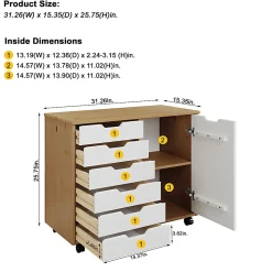 Trendfurn Omnia 1-Door Roll Cart, 6 Drawers, 25-3/4” x 31-1/3”, Honey/White