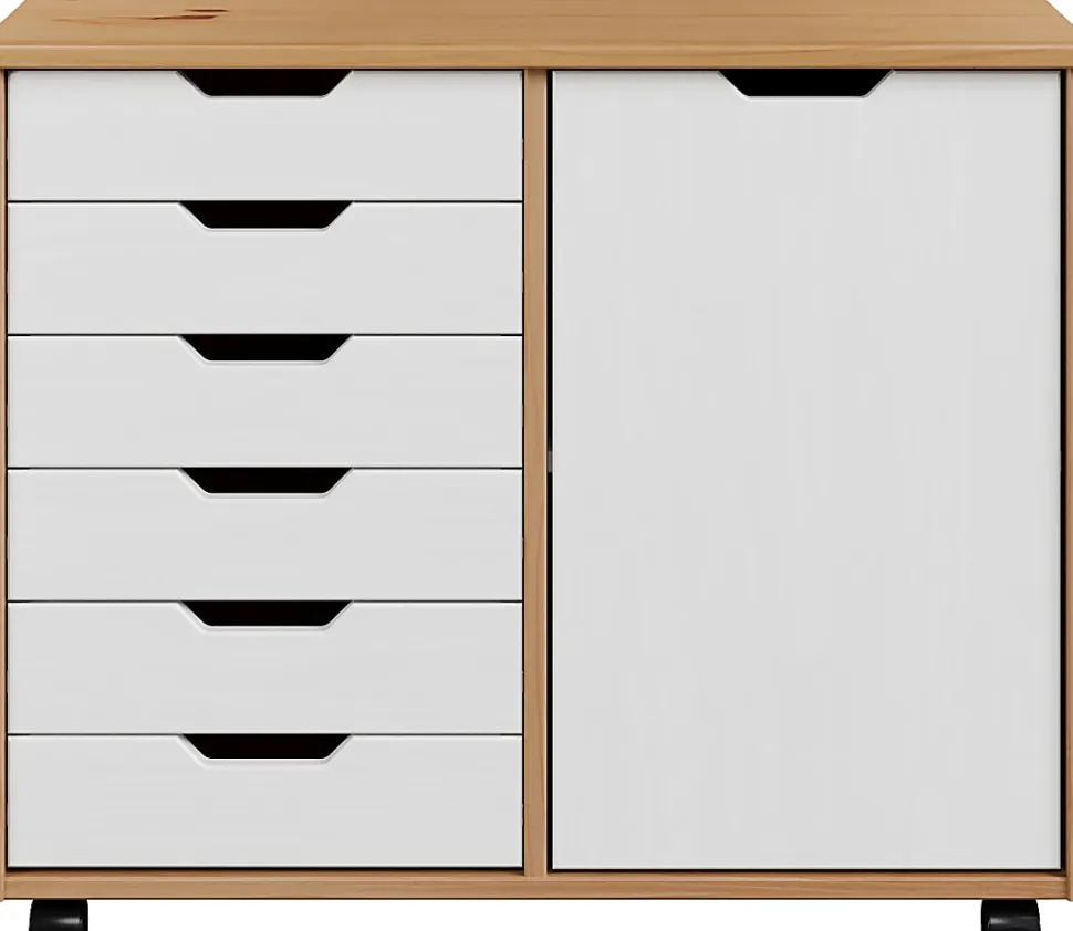 Trendfurn Omnia 1-Door Roll Cart, 6 Drawers, 25-3/4” x 31-1/3”, Honey/White