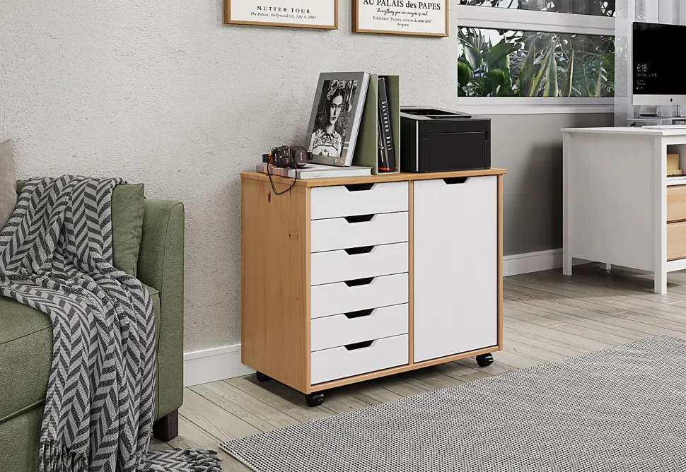 Trendfurn Omnia 1-Door Roll Cart, 6 Drawers, 25-3/4” x 31-1/3”, Honey/White