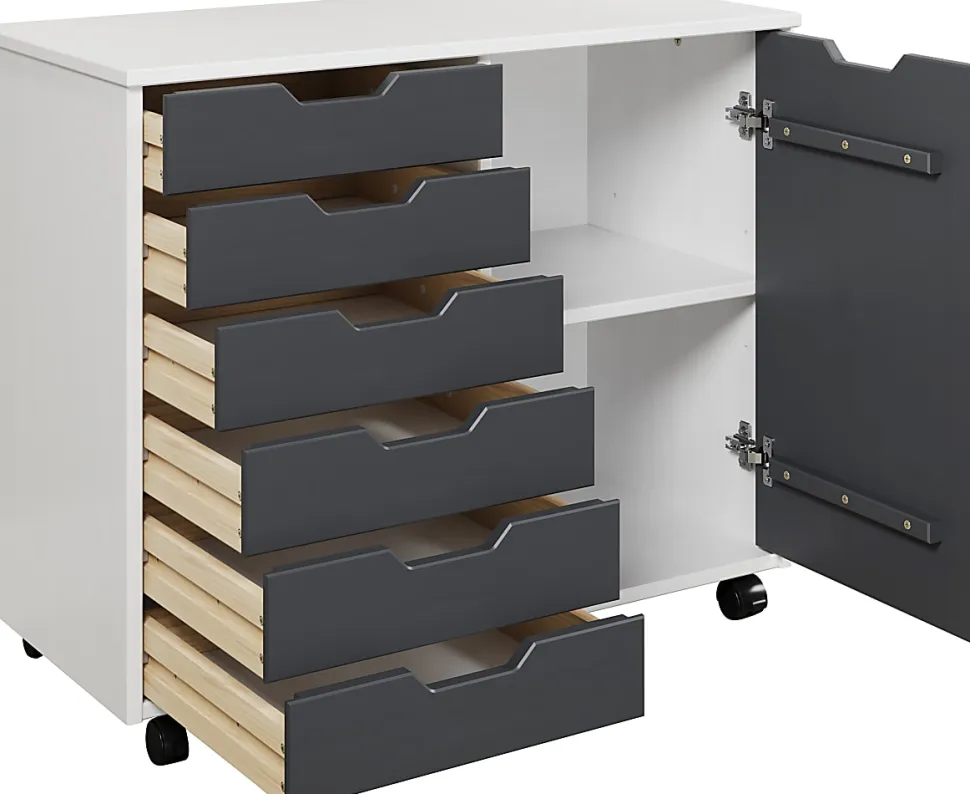 Trendfurn Omnia 1-Door Roll Cart, 6 Drawers, 25-3/4” x 31-1/3”, White/Gray