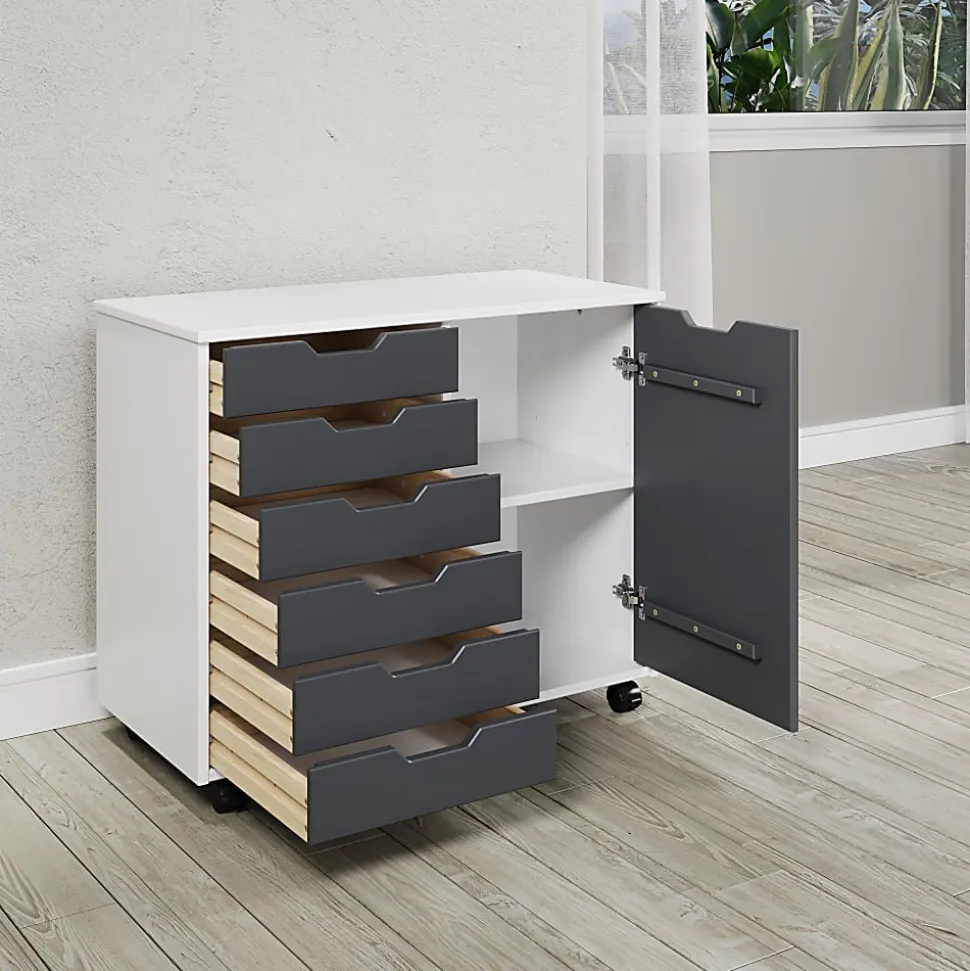 Trendfurn Omnia 1-Door Roll Cart, 6 Drawers, 25-3/4” x 31-1/3”, White/Gray