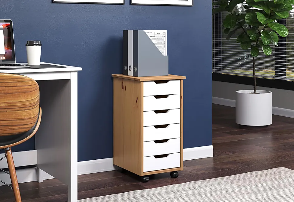 Trendfurn Omnia Narrow Roll Cart, 6 Drawers, 25-3/4” x 13-2/5”, Honey/White