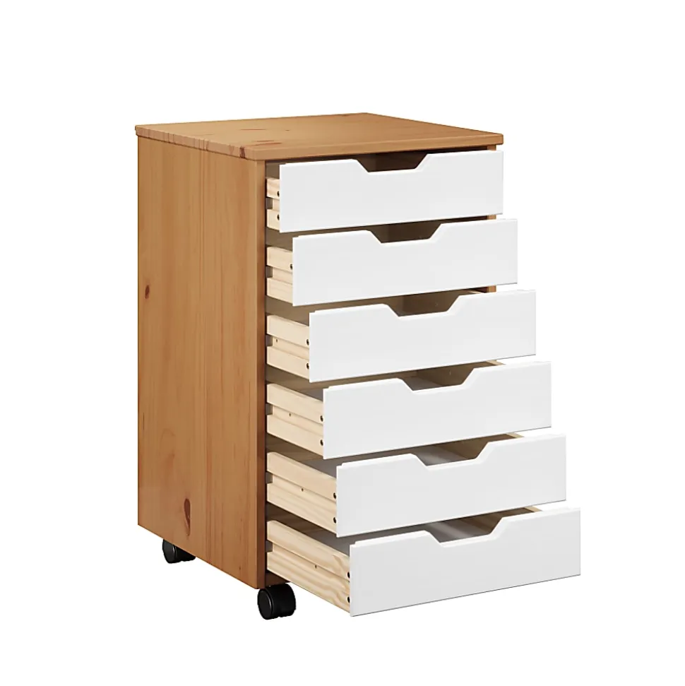 Trendfurn Omnia Wide Roll Cart, 6 Drawers, 25-3/4” x 16-1/8”, White/Honey