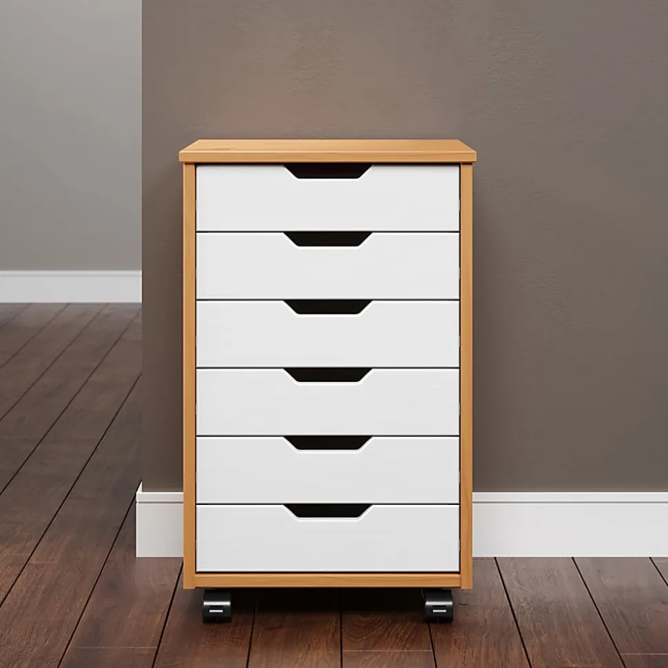 Trendfurn Omnia Wide Roll Cart, 6 Drawers, 25-3/4” x 16-1/8”, White/Honey