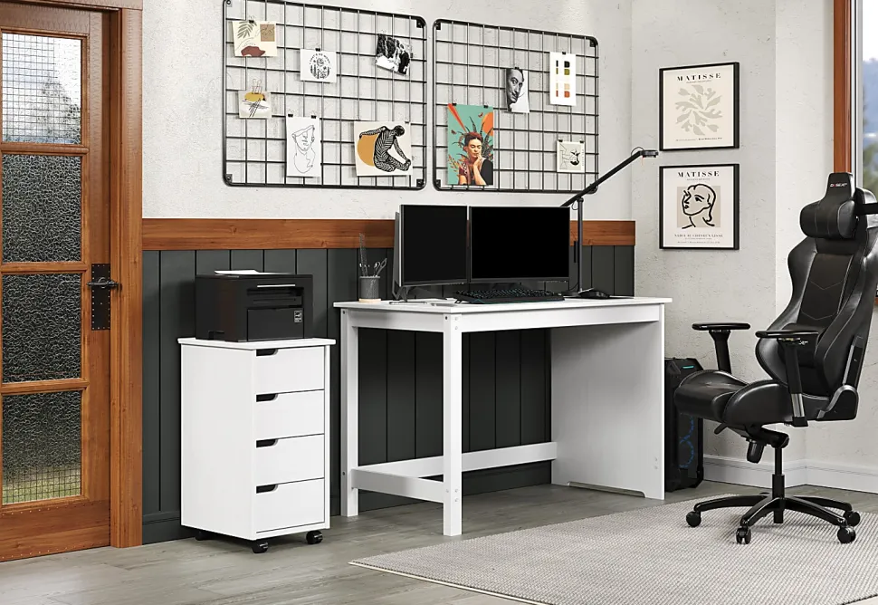 Trendfurn Pristine Office Set, Desk And 4-Drawer Mobile Cart, White, Set Of 2