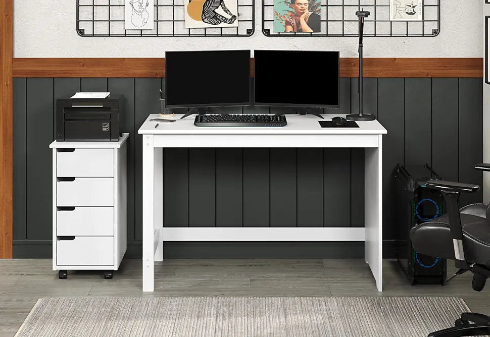 Trendfurn Pristine Office Set, Desk And 4-Drawer Mobile Cart, White, Set Of 2