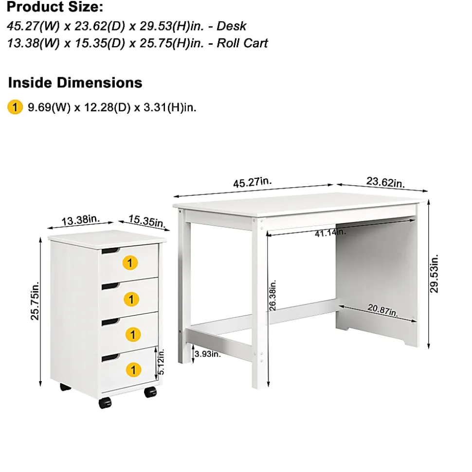 Trendfurn Pristine Office Set, Desk And 4-Drawer Mobile Cart, White, Set Of 2