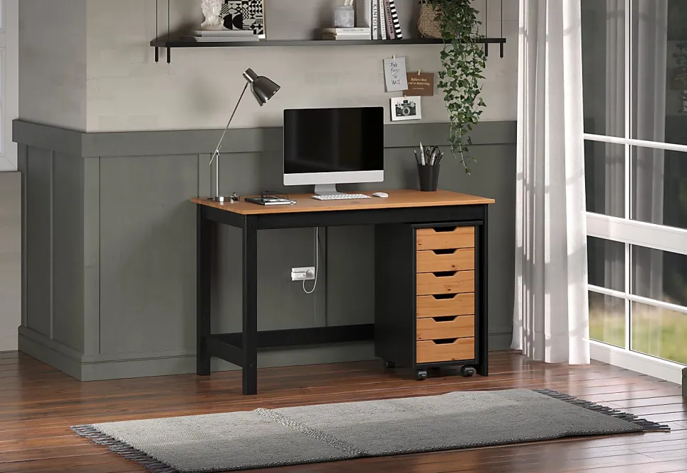 Trendfurn Streamline Office Set, Desk And 6 Drawer Mobile Cart, Black/Honey, Set Of 2