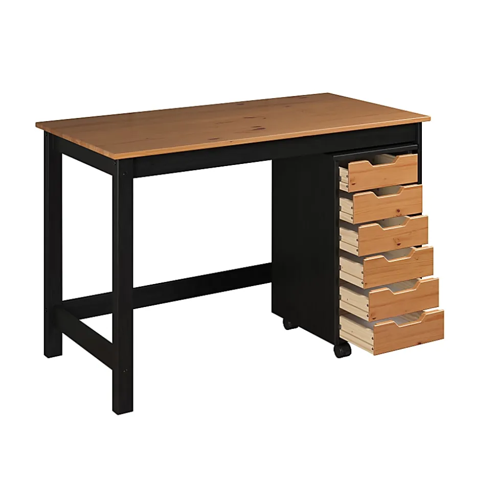 Trendfurn Streamline Office Set, Desk And 6 Drawer Mobile Cart, Black/Honey, Set Of 2