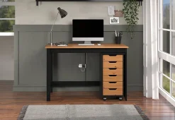 Trendfurn Streamline Office Set, Desk And 6 Drawer Mobile Cart, Black/Honey, Set Of 2