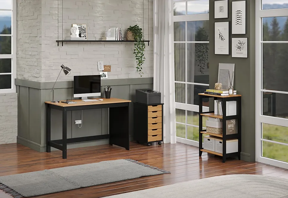 Trendfurn Streamline Office Set, Desk And 6 Drawer Mobile Cart, Black/Honey, Set Of 2