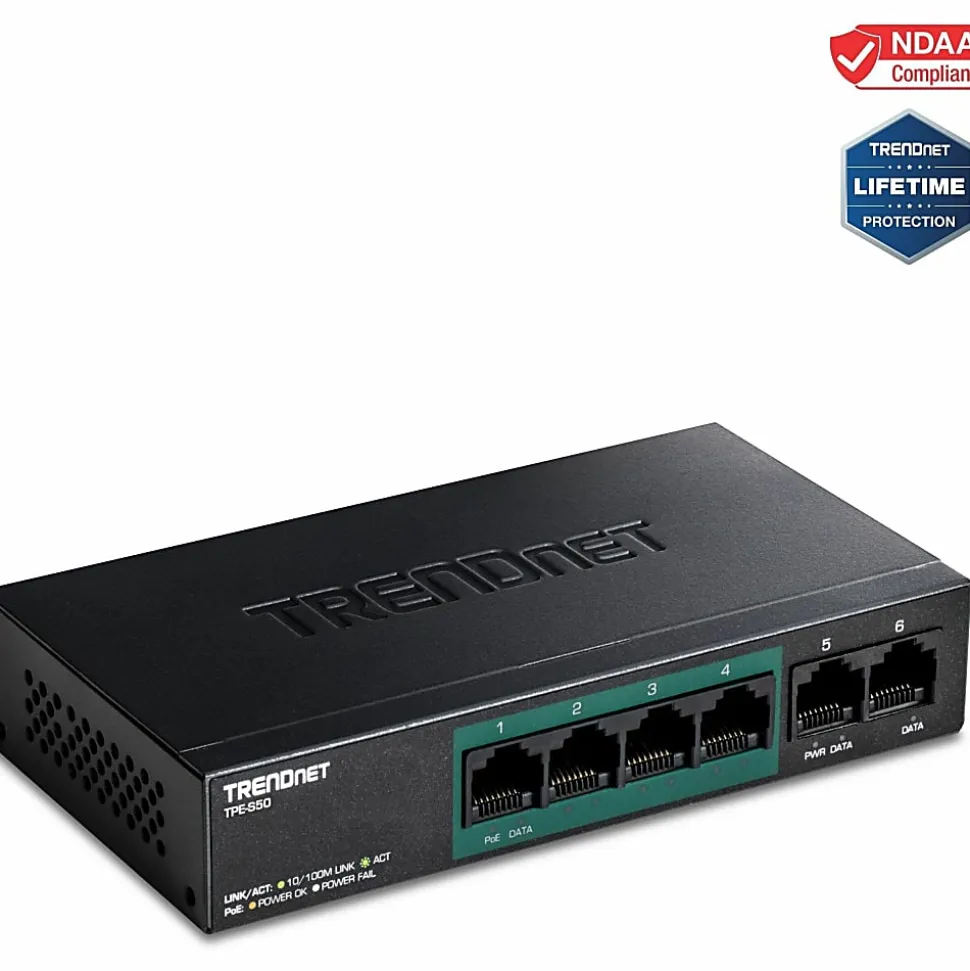 TRENDnet 6-Port Fast Ethernet PoE+ Switch, 4x Fast Ethernet PoE Ports, 2x Fast Ethernet Ports, 60W PoE Budget, 1.2 Gbps Switch Capacity