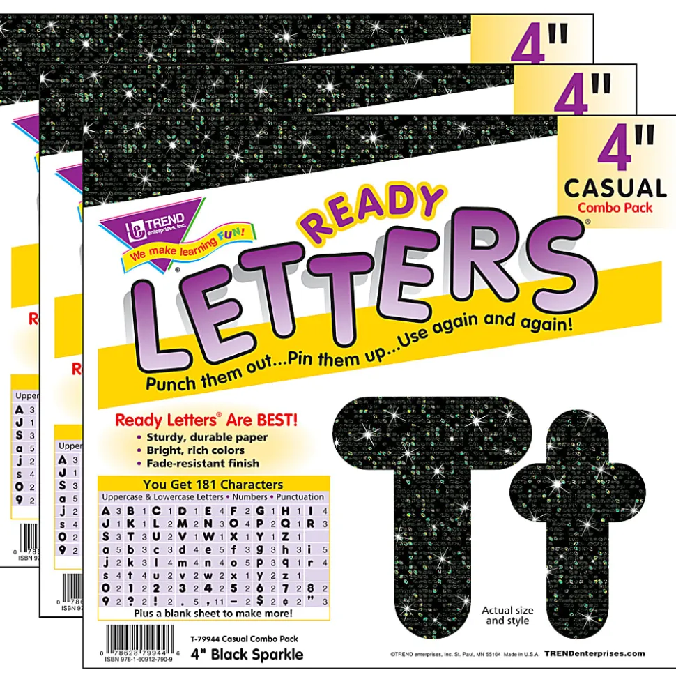 Trend Ready Letters, 4", Black Sparkle, Set Of 3 Packs