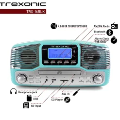 Trexonic Retro Wireless Bluetooth® Record/CD Turntable, Turquoise