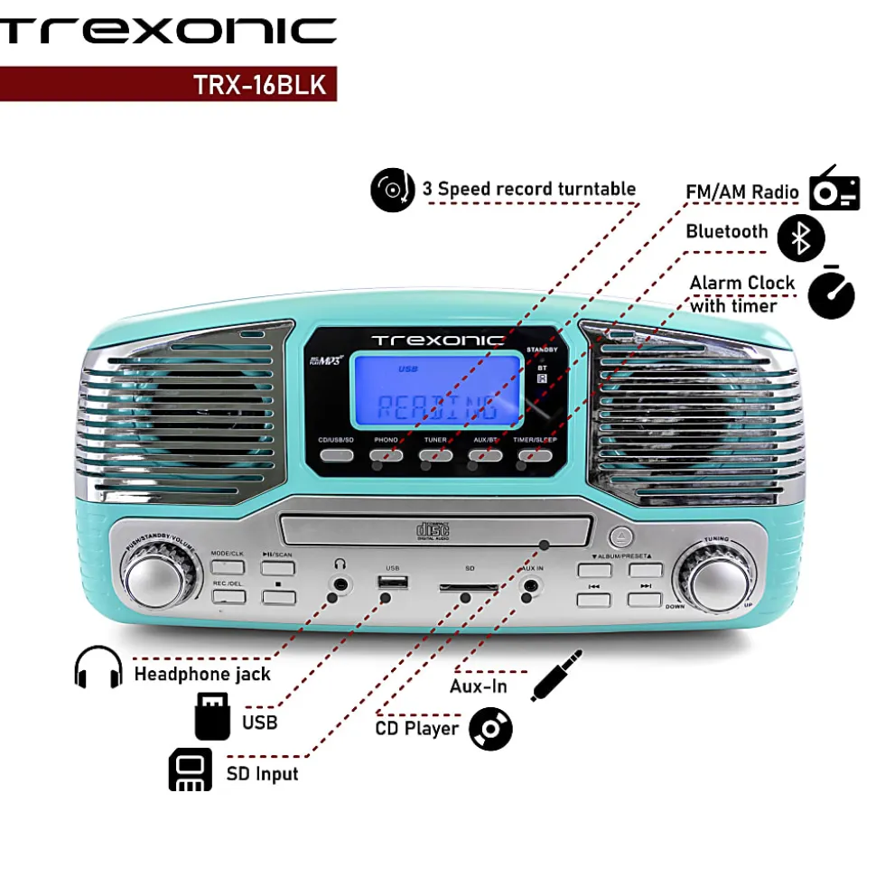 Trexonic Retro Wireless Bluetooth® Record/CD Turntable, Turquoise