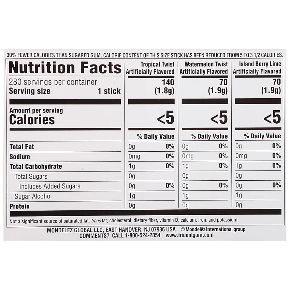 Trident Sugar-Free Gum, Fruit, 14 Pieces Per Pack, Case Of 20 Packs