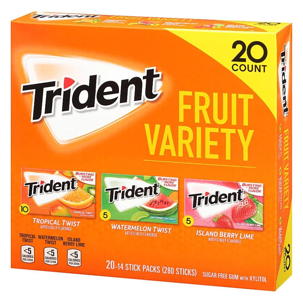 Trident Sugar-Free Gum, Fruit, 14 Pieces Per Pack, Case Of 20 Packs
