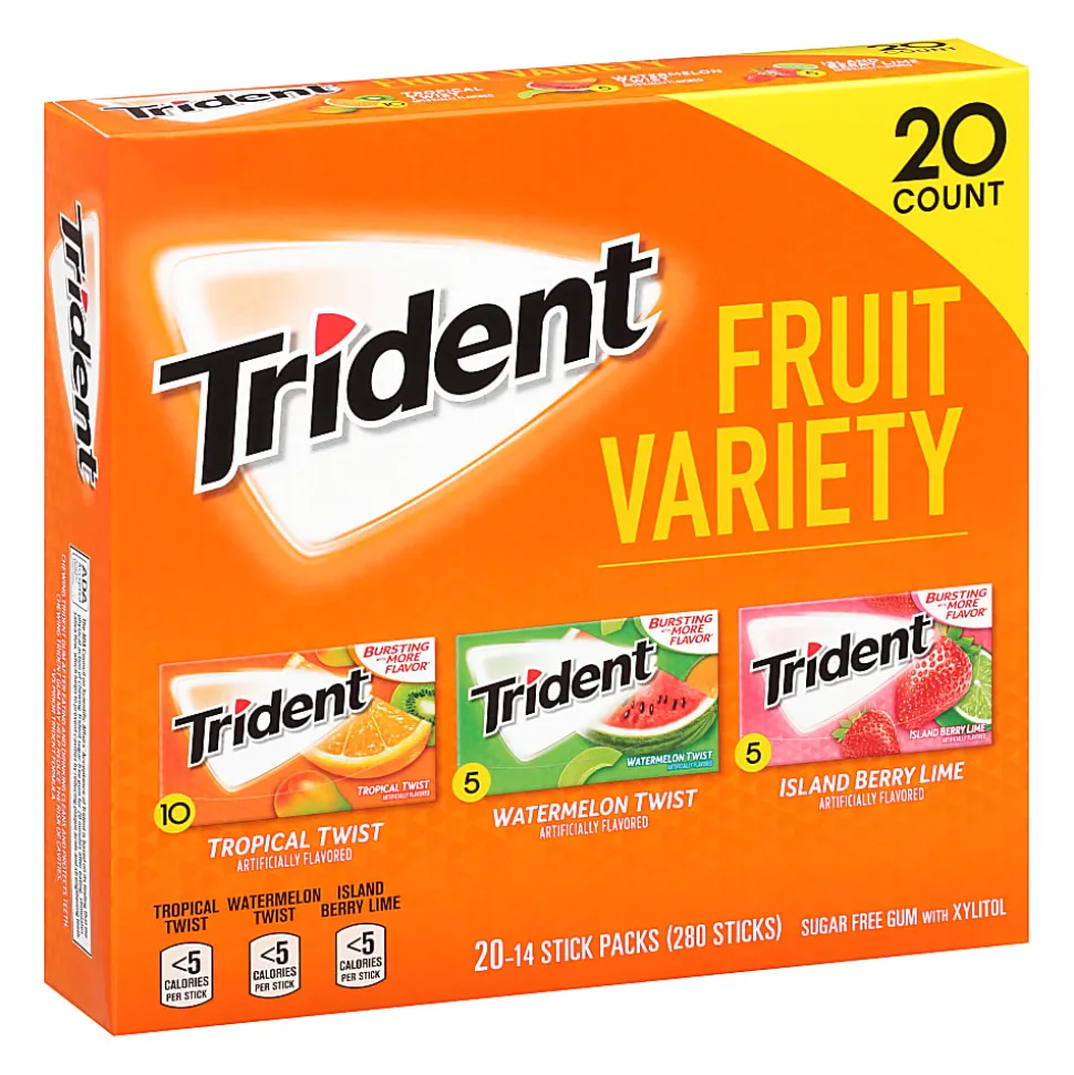 Trident Sugar-Free Gum, Fruit, 14 Pieces Per Pack, Case Of 20 Packs