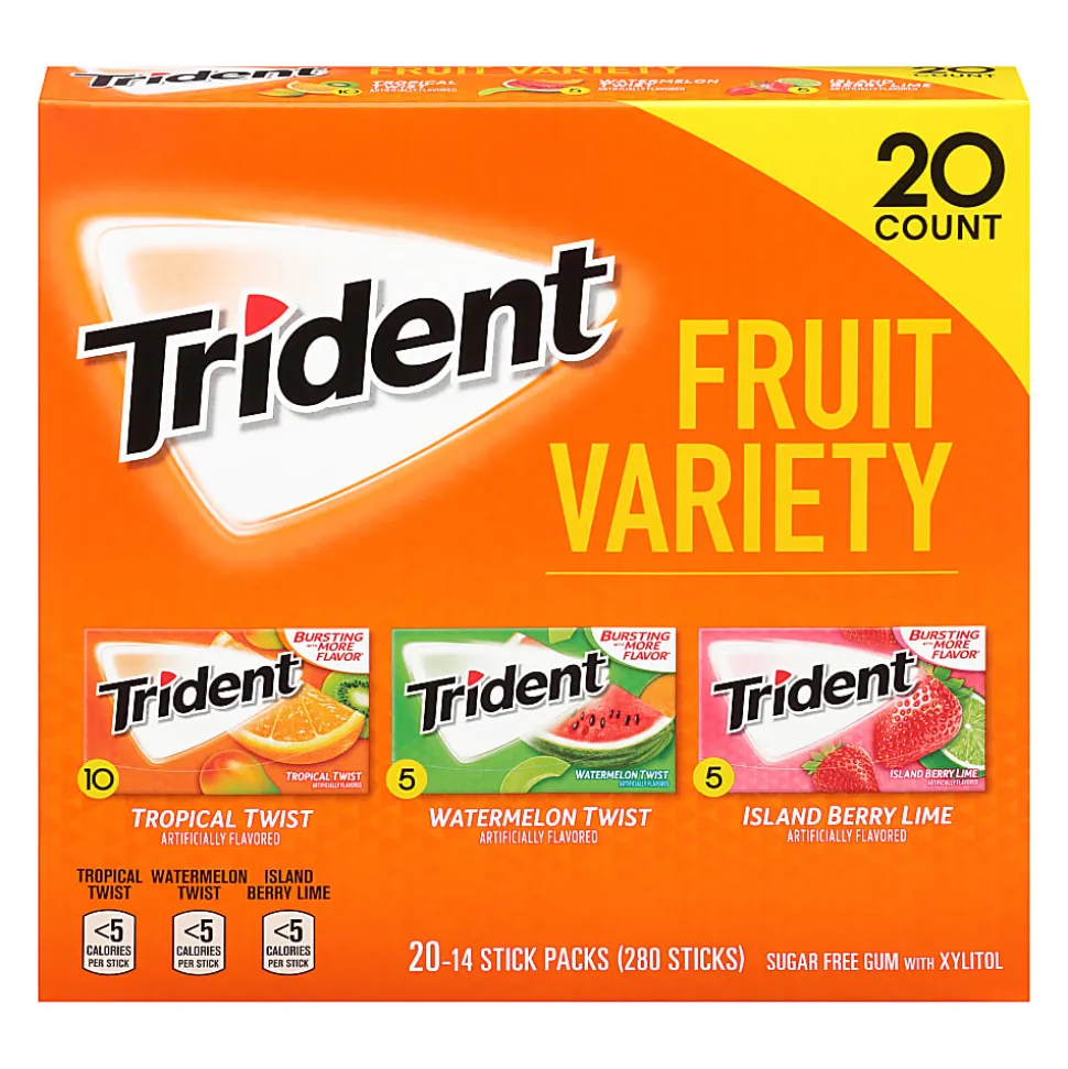 Trident Sugar-Free Gum, Fruit, 14 Pieces Per Pack, Case Of 20 Packs